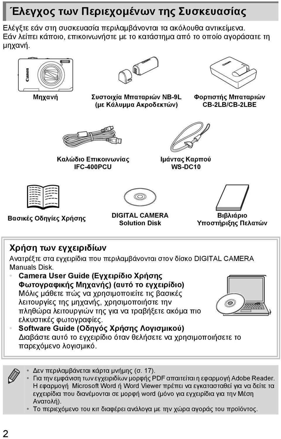 Βιβλιάριο Υποστήριξης Πελατών Χρήση των εγχειριδίων Ανατρέξτε στα εγχειρίδια που περιλαμβάνονται στον δίσκο DIGITAL CAMERA Manuals Disk.