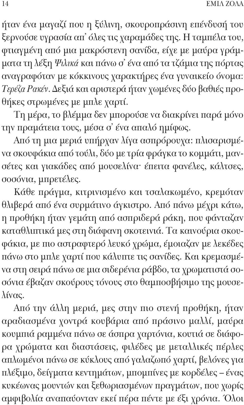 Δεξιά και αριστερά ήταν χωμένες δύο βαθιές προθήκες στρωμένες με μπλε χαρτί. Τη μέρα, το βλέμμα δεν μπορούσε να διακρίνει παρά μόνο την πραμάτεια τους, μέσα σ ένα απαλό ημίφως.