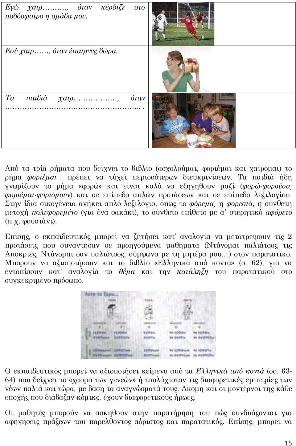 Τα παιδιά ήδη γνωρίζουν το ρήμα «φορώ» και είναι καλό να εξηγηθούν μαζί (φορώ-φορούσα, φοριέμαι-φοριόμουν) και σε επίπεδο απλών προτάσεων και σε επίπεδο λεξιλογίου.