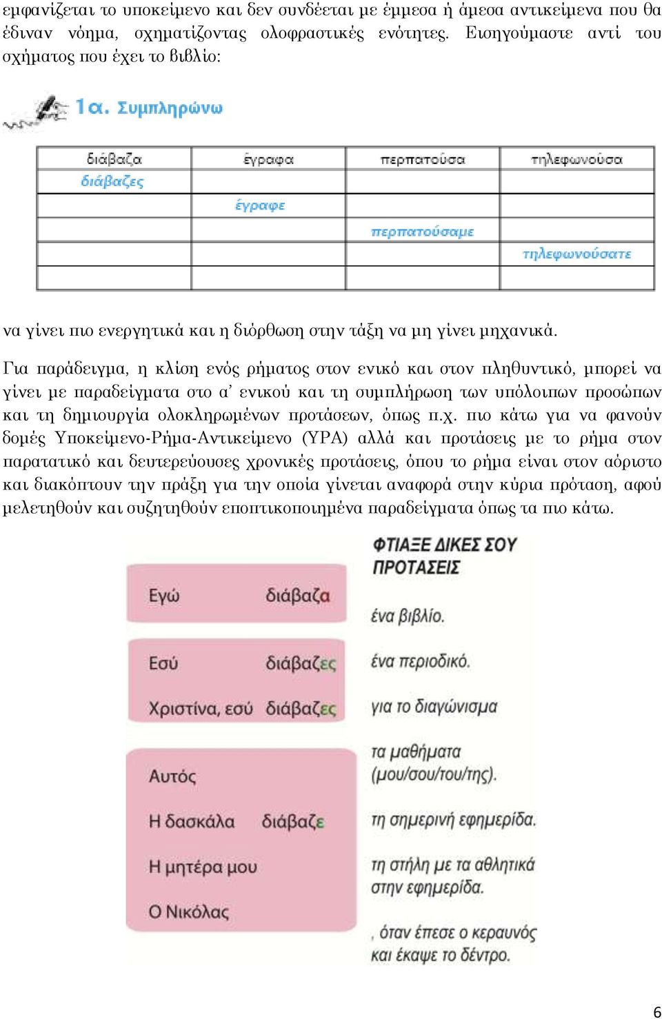 Για παράδειγμα, η κλίση ενός ρήματος στον ενικό και στον πληθυντικό, μπορεί να γίνει με παραδείγματα στο α ενικού και τη συμπλήρωση των υπόλοιπων προσώπων και τη δημιουργία ολοκληρωμένων προτάσεων,