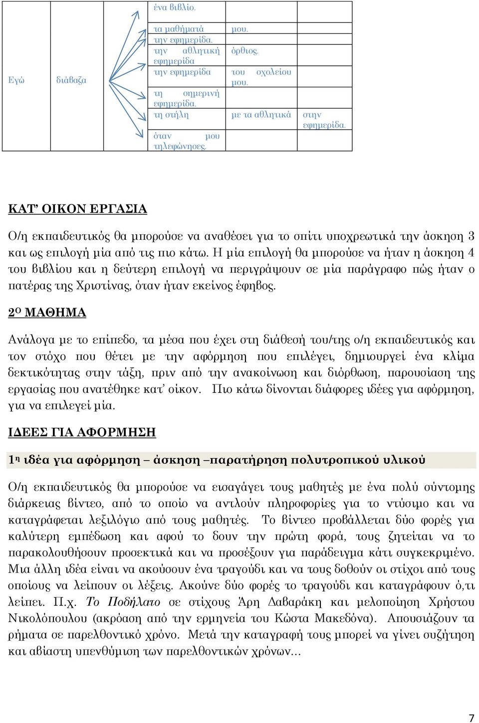 Η μία επιλογή θα μπορούσε να ήταν η άσκηση 4 του βιβλίου και η δεύτερη επιλογή να περιγράψουν σε μία παράγραφο πώς ήταν ο πατέρας της Χριστίνας, όταν ήταν εκείνος έφηβος.