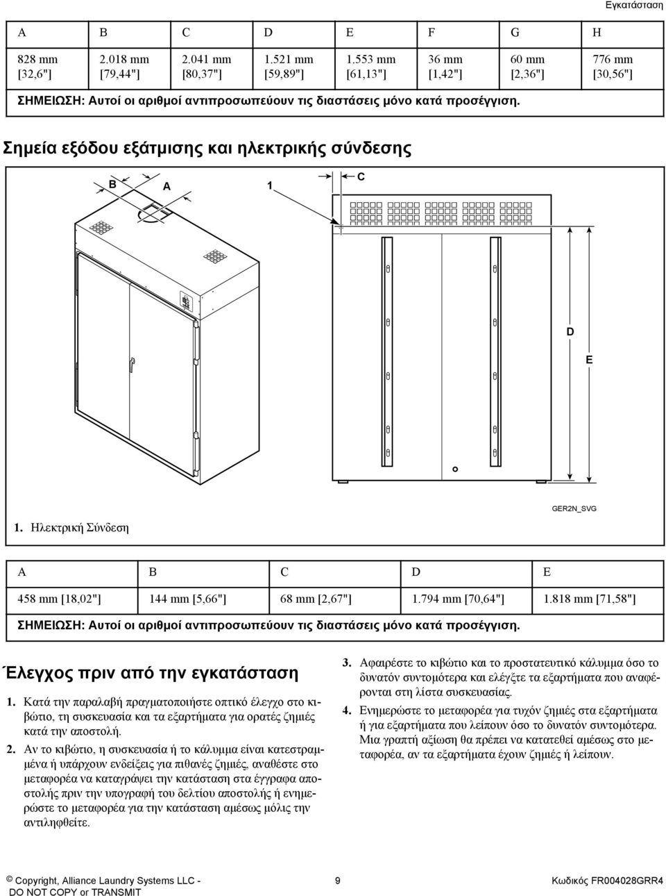 Σημεία εξόδου εξάτμισης και ηλεκτρικής σύνδεσης B A 1 C D E GER2N_SVG 1. Ηλεκτρική Σύνδεση A B C D E 458 mm [18,02"] 144 mm [5,66"] 68 mm [2,67"] 1.794 mm [70,64"] 1.