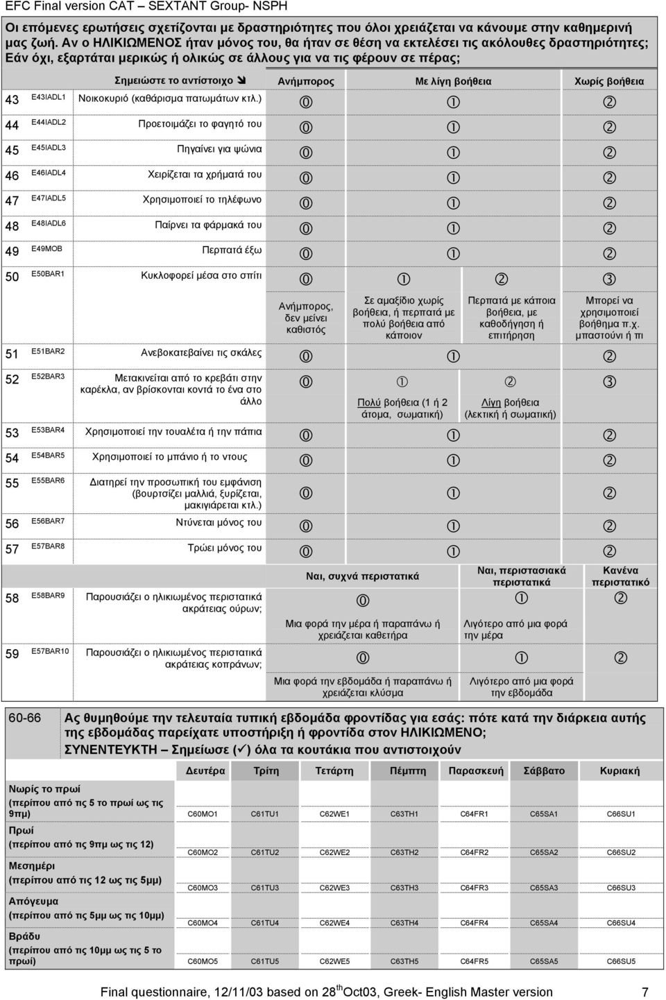 54 55 56 57 58 59 Σηµειώστε το αντίστοιχο Ανήµπορος Με λίγη βοήθεια Χωρίς βοήθεια E43IADL1 Νοικοκυριό (καθάρισµα πατωµάτων κτλ.