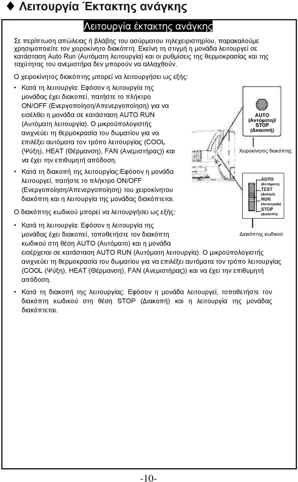 Ο χειροκίνητος διακόπτης μπορεί να λειτουργήσει ως εξής: Κατά τη λειτουργία: Εφόσον η λειτουργία της μονάδας έχει διακοπεί, πατήστε το πλήκτρο ON/OFF (Ενεργοποίηση/Απενεργοποίηση) για να εισέλθει η