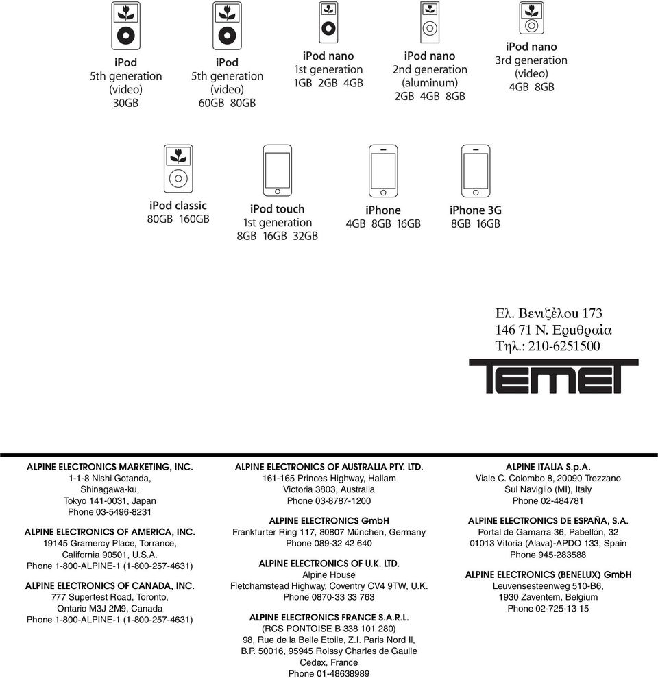 777 Supertest Road, Toronto, Ontario M3J 2M9, Canada Phone 1-800-ALPINE-1 (1-800-257-4631) ALPINE ELECTRONICS OF AUSTRALIA PTY. LTD.