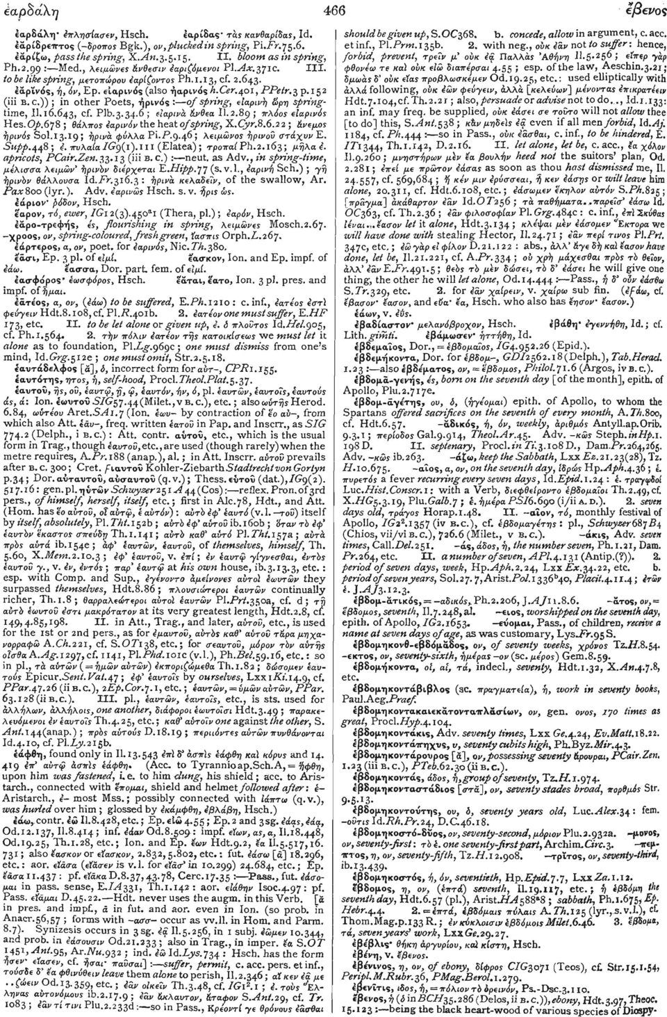 )) ; in other Poets, ήρινός : of spring, ε'ιαρινή &ρη springtime, Il.16.643, cf. Plb.3.34.6 ; elapiva &νθεα 11.2.89 ; πλόος είαρινός Hes.O/.678; θάλπος εαρινόν the heat of spring, X.Cyr.8.6.2 2 ; ίνεμος ήρινός Sol.