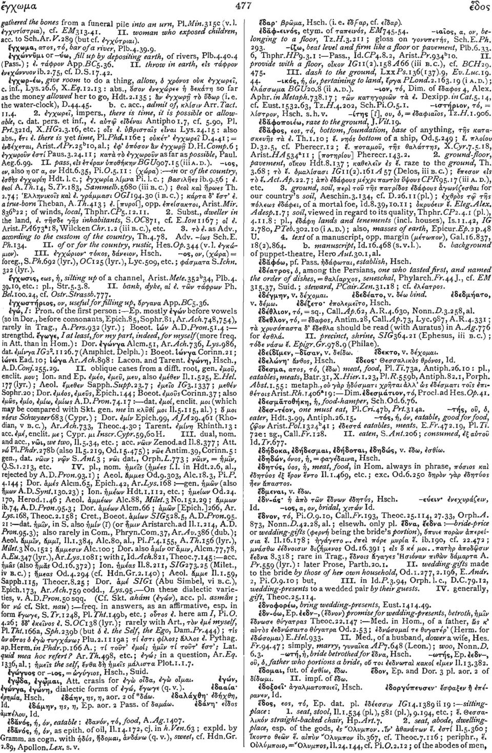 D.S.17.42. έγχωρ-έω, give room to do a thing, allow, b χρόνος ουκ Εγχωρεΐ, C. inf., Lys.26.6, X.P?.12.13 : abs., όσον ενεχιίρεε ή δεκάτη so far as the money allowed her to go, Hdt. 2.