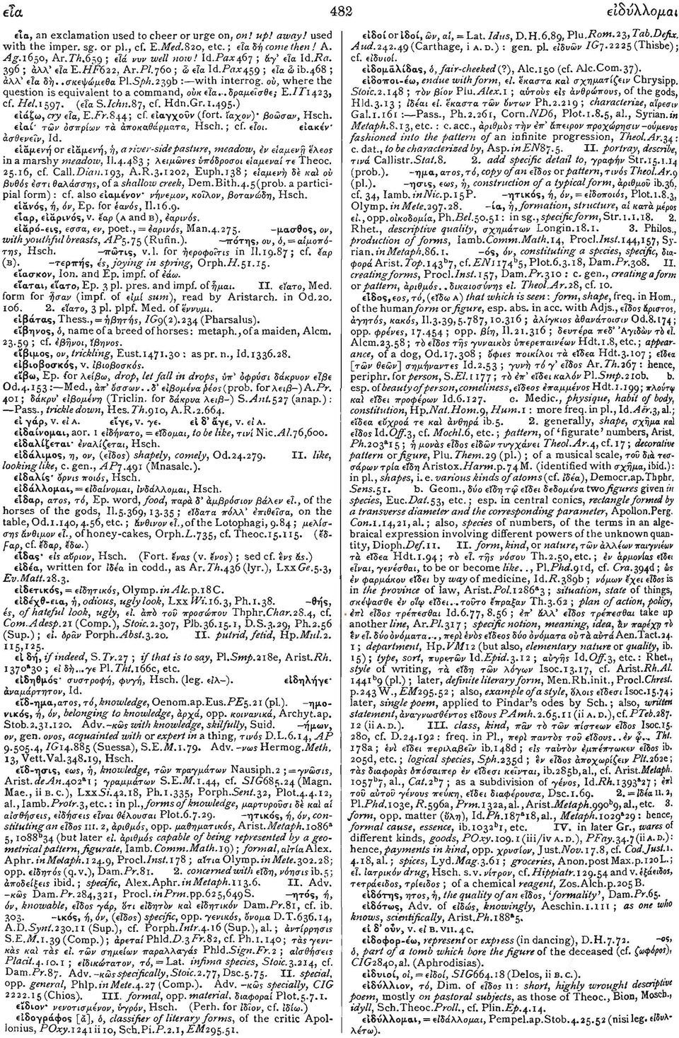 οΰ, where the question is equivalent to a command, ούκ εΐα.-.δραμείσθε; E./P1423, cf. Het. 1597. (εΐα S.Ichn.8;, cf. Hdn.Gr. 1.495.) εΐάξω, cry εΐα, E.Pr.844; cf. είαγχονν (fort, ϊαχον)' βοώσαν, Hsch.