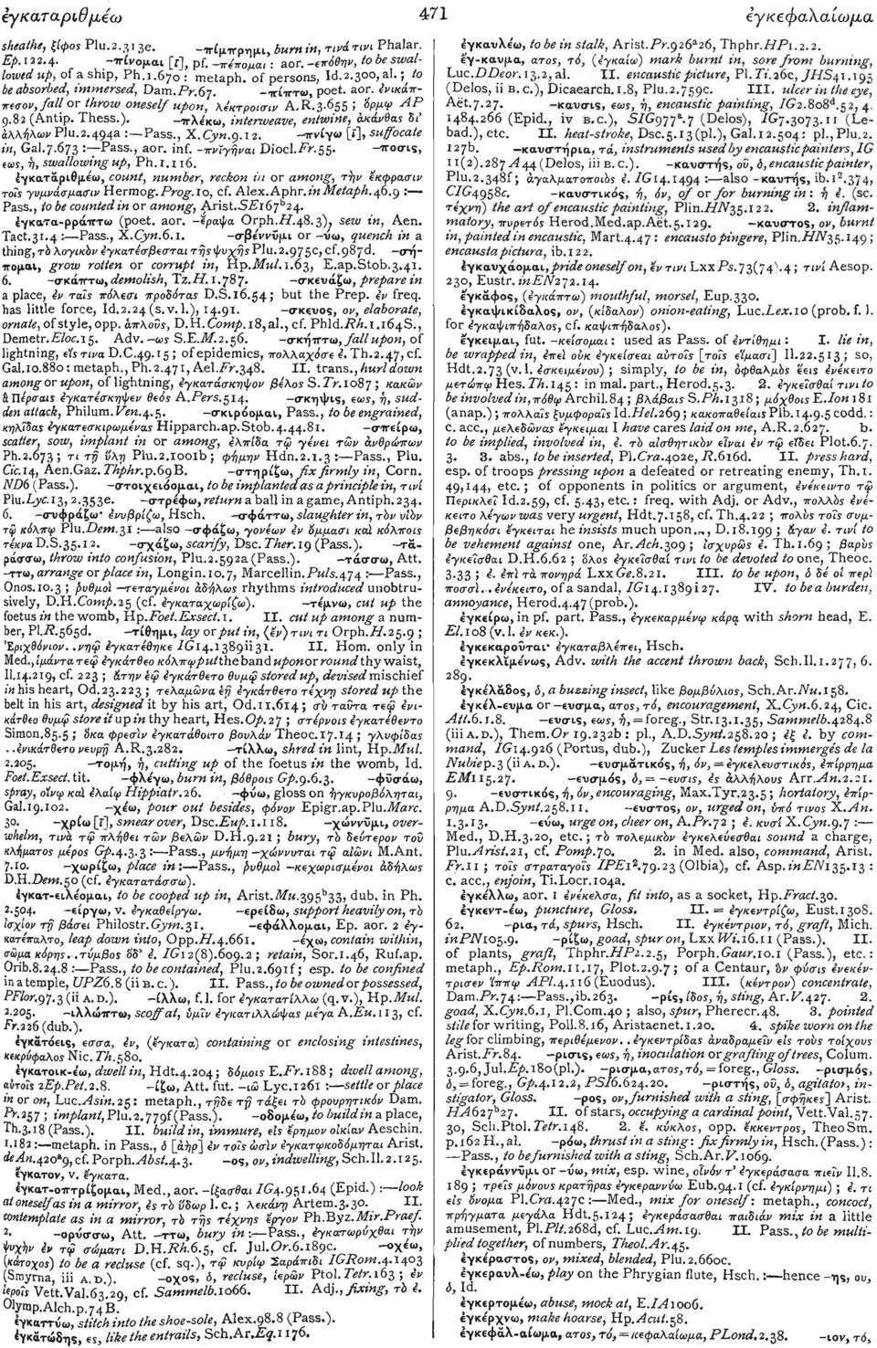 - π-λεκω, interweave, entwine, άκανθας δι' αλλήλων Plu.2.494a : Pass., X.Cyn.9.12. -πνίγω [ί], suffocate in, Gal.7.673 : Pass., aor. inf. -πνίγήναι Diocl.Pr.55. -^iroffis, εως, ή, swallowing up, Ph.