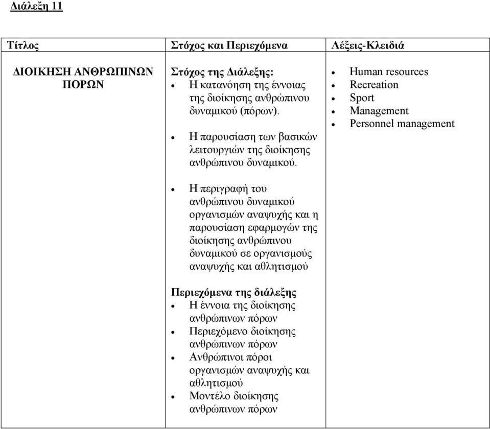 Η περιγραφή του ανθρώπινου δυναµικού οργανισµών αναψυχής και η παρουσίαση εφαρµογών της διοίκησης ανθρώπινου δυναµικού σε οργανισµούς