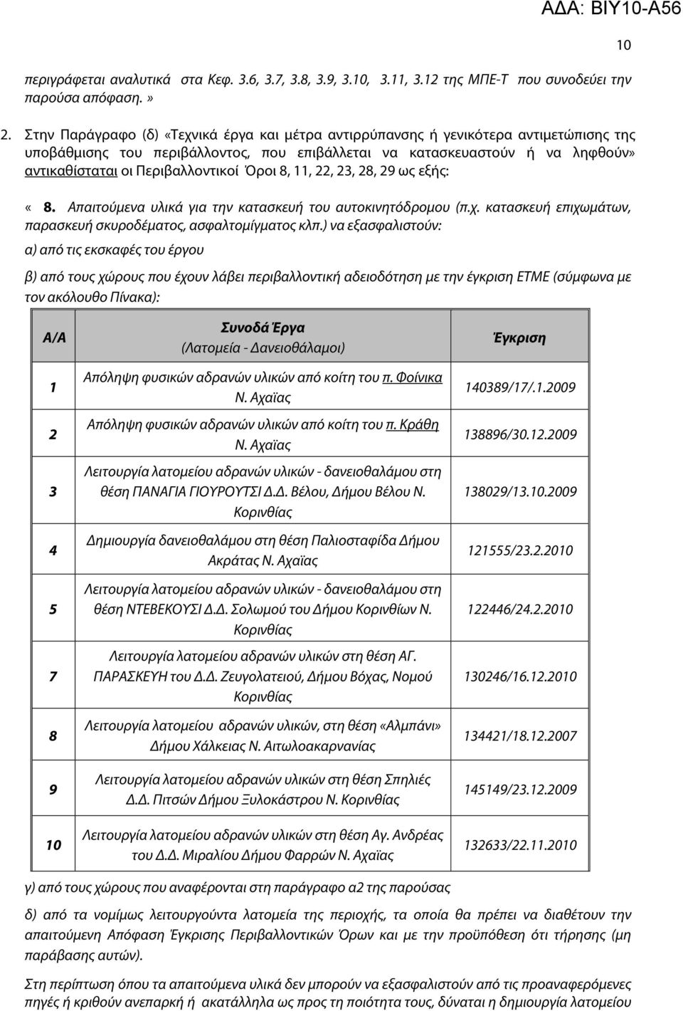 Περιβαλλοντικοί Όροι 8, 11, 22, 23, 28, 29 ως εξής: «8. Απαιτούμενα υλικά για την κατασκευή του αυτοκινητόδρομου (π.χ. κατασκευή επιχωμάτων, παρασκευή σκυροδέματος, ασφαλτομίγματος κλπ.