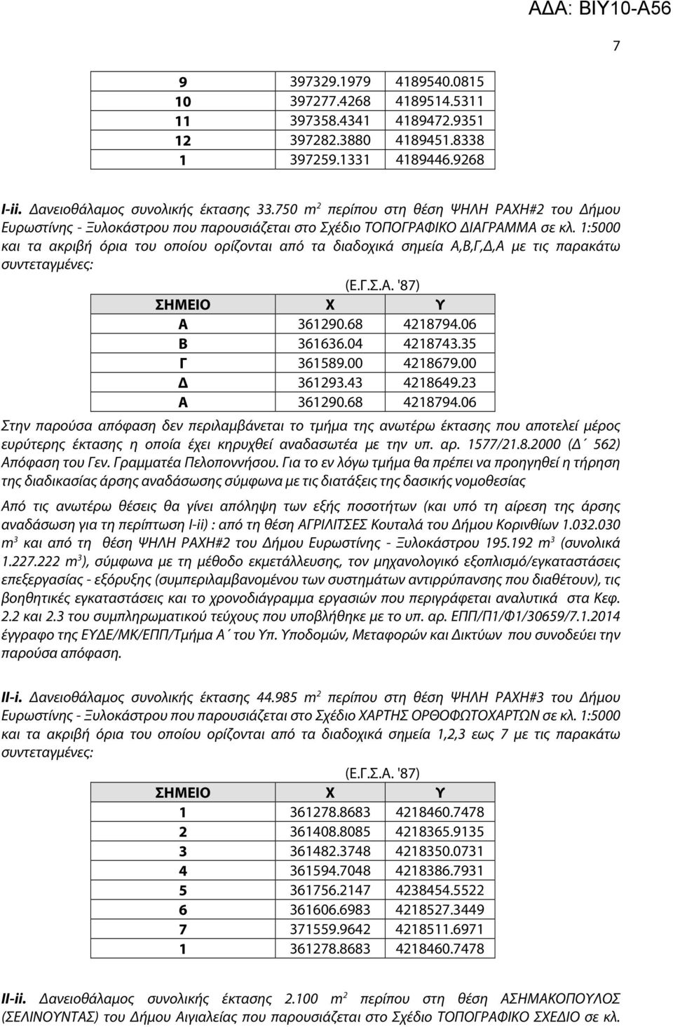 1:5000 και τα ακριβή όρια του οποίου ορίζονται από τα διαδοχικά σημεία Α,Β,Γ,Δ,Α με τις παρακάτω συντεταγμένες: Α 361290.68 4218794.06 Β 361636.04 4218743.35 Γ 361589.00 4218679.00 Δ 361293.