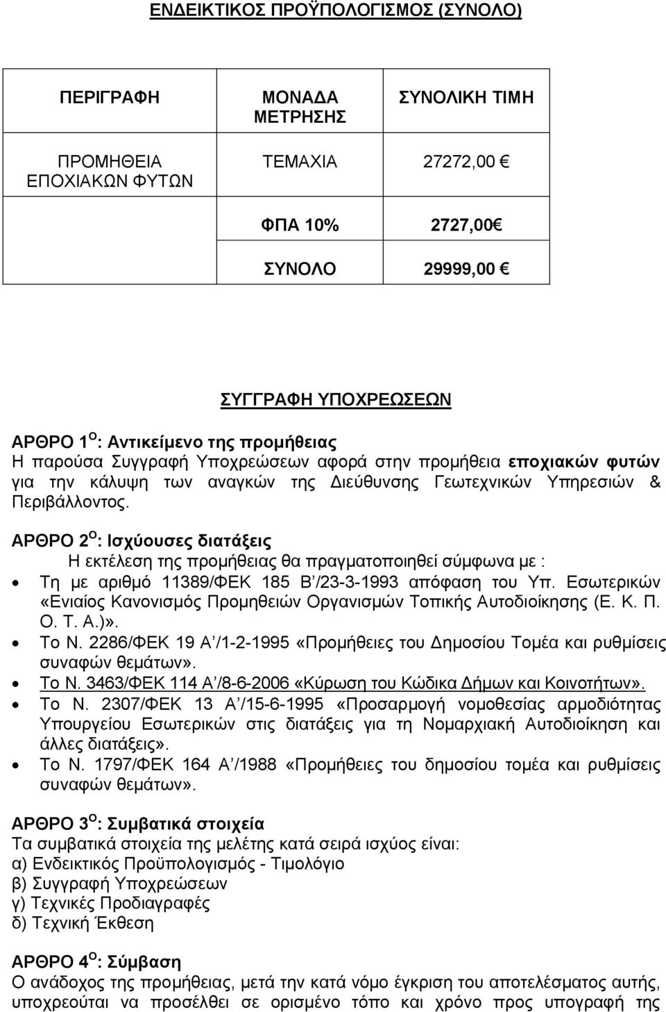 ΑΡΘΡΟ 2 O : Ισχύουσες διατάξεις Η εκτέλεση της προμήθειας θα πραγματοποιηθεί σύμφωνα με : Τη με αριθμό 11389/ΦΕΚ 185 Β /23-3-1993 απόφαση του Υπ.