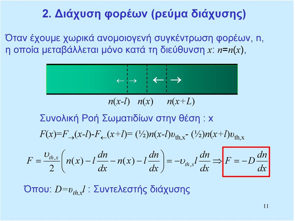 Σωματιδίων στην θέση :x F(x)=F (x-l)-f (x+l)= (½)(x-l)υ th,x -(½)(x+l)υ th,x υ th, x F