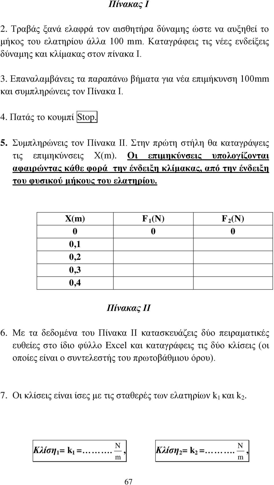 Οι επιμηκύνσεις υπολογίζονται αφαιρώντας κάθε φορά την ένδειξη κλίμακας, από την ένδειξη του φυσικού μήκους του ελατηρίου. X(m) F 1 (N) F 2 (N) 0 0 0 0,1 0,2 0,3 0,4 Πίνακας ΙΙ 6.