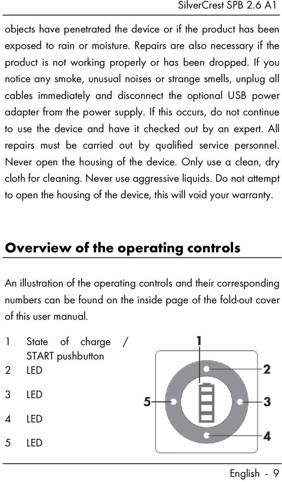 If this occurs, do not continue to use the device and have it checked out by an expert. All repairs must be carried out by qualified service personnel. Never open the housing of the device.