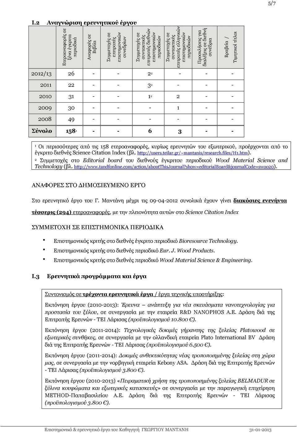 περιοδικών Συμμετοχές σε συντακτικές επιτροπές ελληνικών επιστημονικών περιοδικών Προσκλήσεις για διαλέξεις σε διεθνή συνέδρια Βραβεία / Τιμητικοί τίτλοι 2012/13 26 - - 2 2 - - - 2011 22 - - 3 2 - -