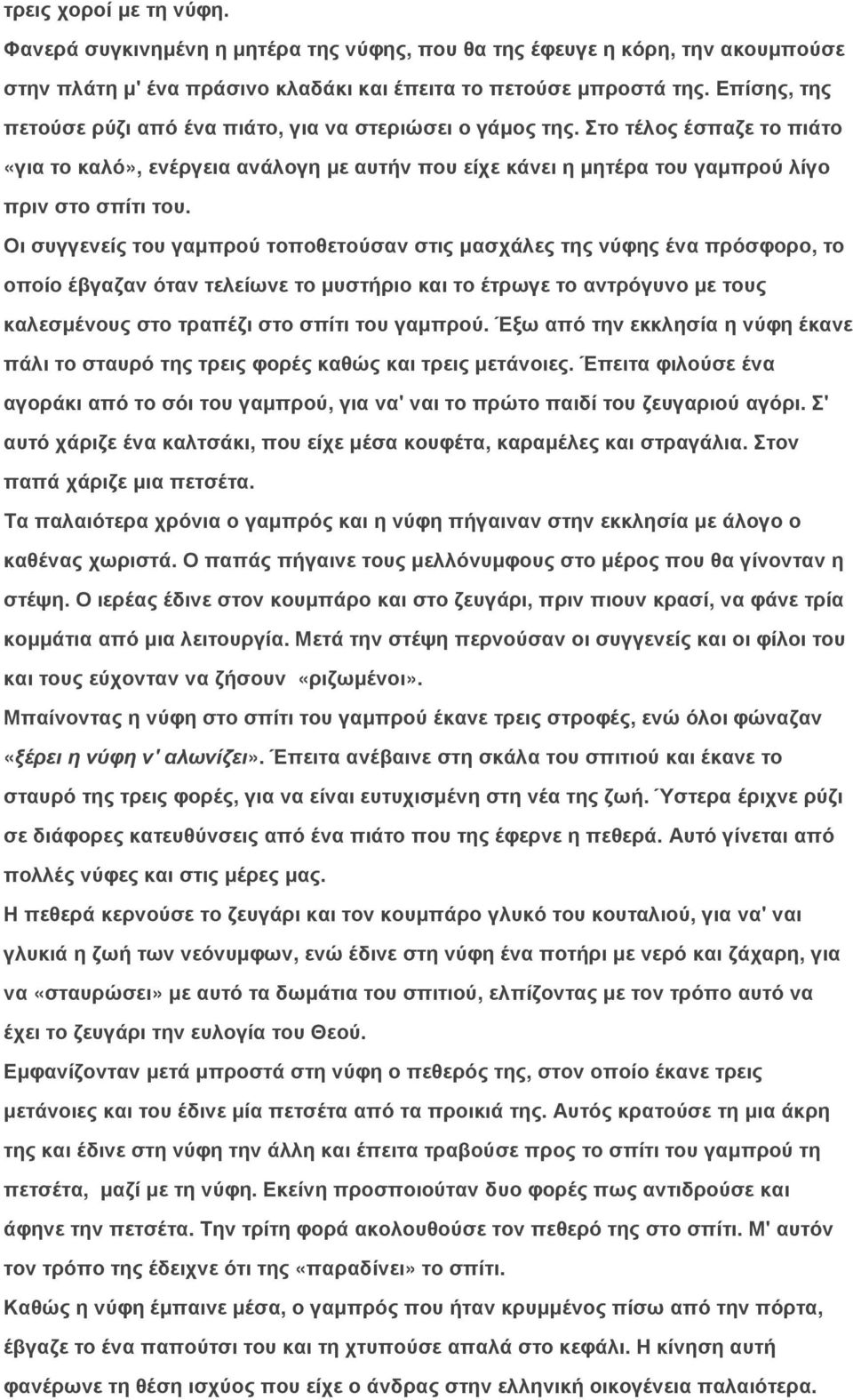 Οι συγγενείς του γαµπρού τοποθετούσαν στις µασχάλες της νύφης ένα πρόσφορο, το οποίο έβγαζαν όταν τελείωνε το µυστήριο και το έτρωγε το αντρόγυνο µε τους καλεσµένους στο τραπέζι στο σπίτι του γαµπρού.