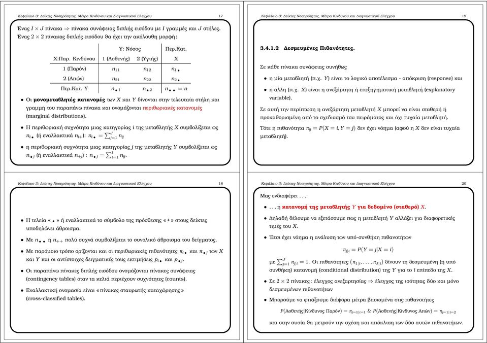 1 n.2 n.. n Οι µονοµεταβλητές κατανοµές των X και Y δίνονται στην τελευταία στήλη και γραµµή του παραπάνω πίνακα και ονοµάζονται περιθωριακές κατανοµές (marginal distributions).