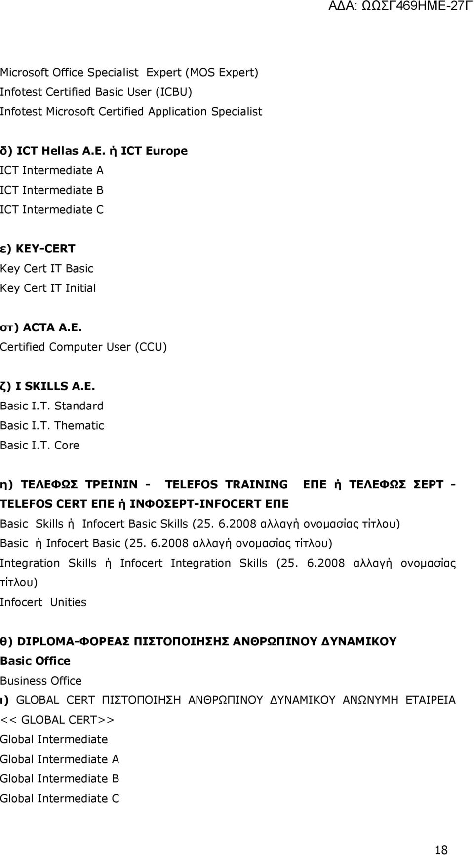 T. Thematic Basic I.T. Core η) ΤΕΛΕΦΩΣ ΤΡΕΙΝΙΝ - TELEFOS TRAINING ΕΠΕ ή ΤΕΛΕΦΩΣ ΣΕΡΤ - TELEFOS CERT ΕΠΕ ή ΙΝΦΟΣΕΡΤ-INFOCERT ΕΠΕ Basic Skills ή Infocert Basic Skills (25. 6.