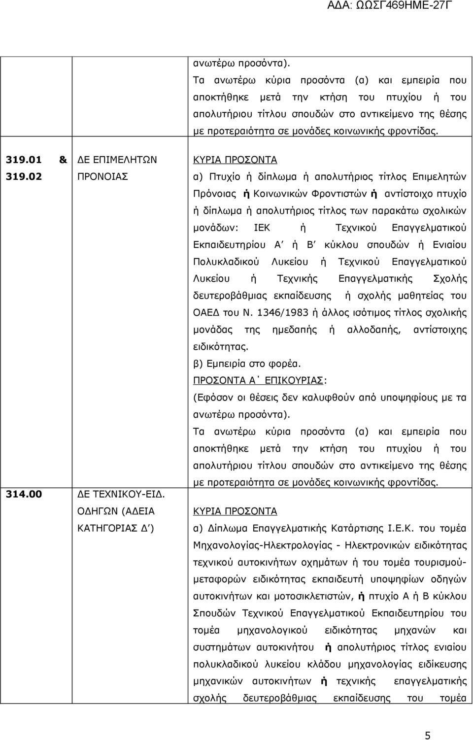 01 & ΔΕ ΕΠΙΜΕΛΗΤΩΝ 319.02 ΠΡΟΝΟΙΑΣ 314.00 ΔΕ ΤΕΧΝΙΚΟΥ-ΕΙΔ.