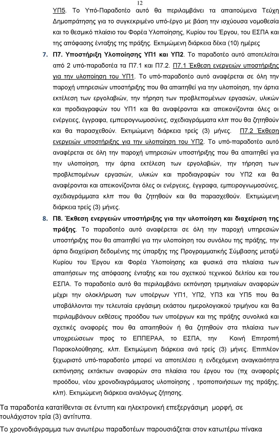 ΕΣΠΑ και της απόφασης ένταξης της πράξης. Εκτιμώμενη διάρκεια δέκα (10) ημέρες 7. Π7. Υποστήριξη Υλοποίησης ΥΠ1 και ΥΠ2. Το παραδοτέο αυτό αποτελείται από 2 υπό-παραδοτέα τα Π7.1 και Π7.2. Π7.1 Έκθεση ενεργειών υποστήριξης για την υλοποίηση του ΥΠ1.