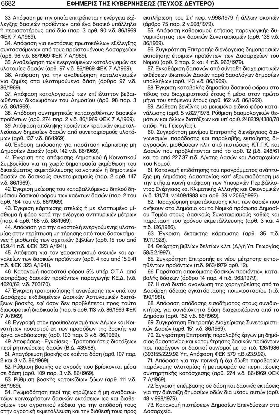 Αναθεώρηση των ενεργούμενων καταλογισμών σε υλοτομίες δασών (αρθ. 97 ν.δ. 86/1969 ΦΕΚ 7 Α/1969). 36. Απόφαση για την αναθεώρηση καταλογισμών για ζημίες στα υλοτομούμενα δάση (άρθρο 97 ν.δ. 86/1969).