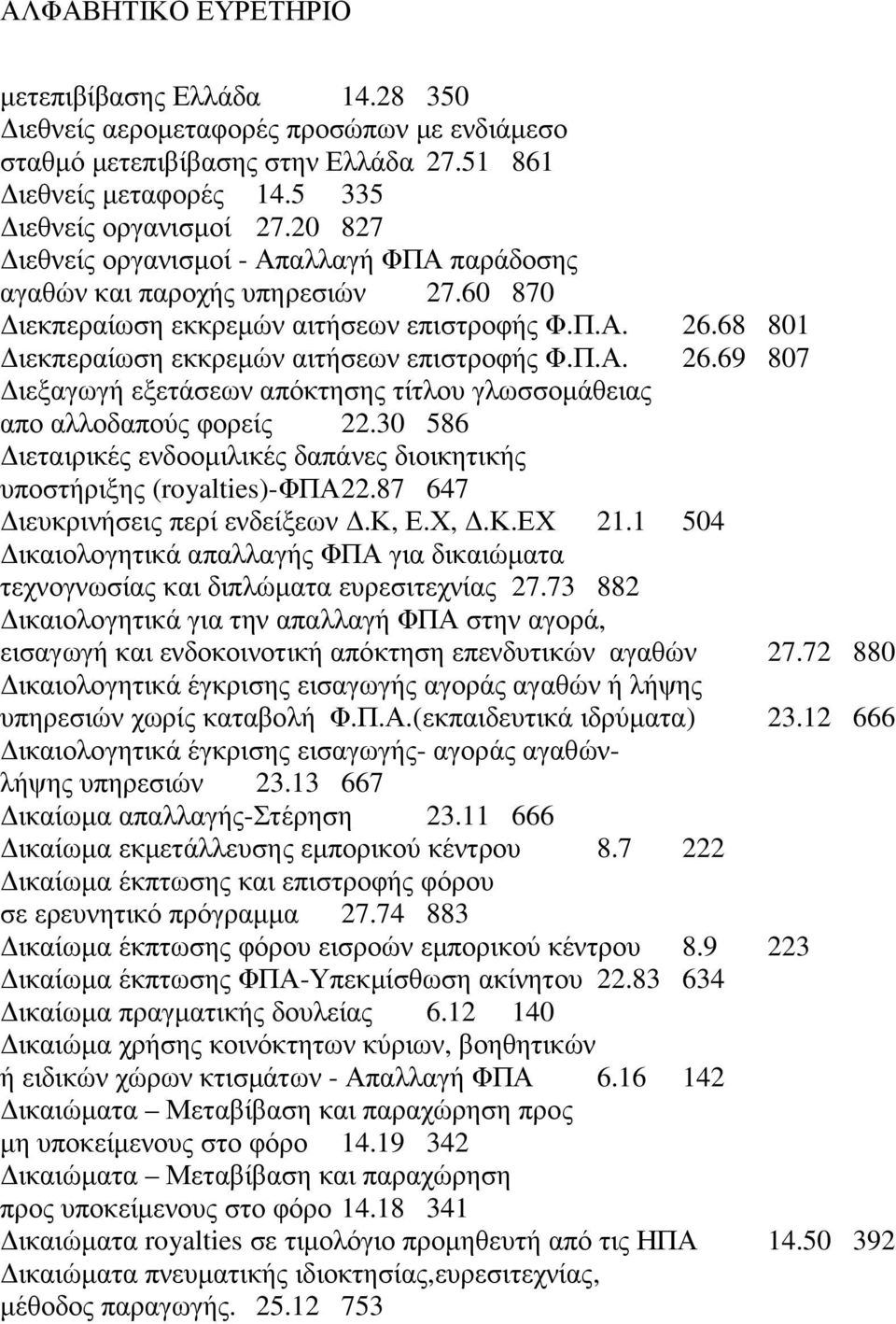 68 801 ιεκπεραίωση εκκρεµών αιτήσεων επιστροφής Φ.Π.Α. 26.69 807 ιεξαγωγή εξετάσεων απόκτησης τίτλου γλωσσοµάθειας απο αλλοδαπούς φορείς 22.