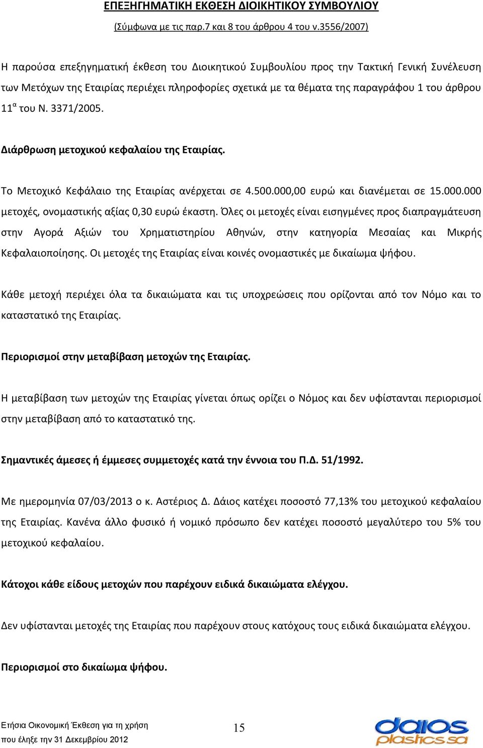 11 α του Ν. 3371/2005. Διάρθρωση μετοχικού κεφαλαίου της Εταιρίας. Το Μετοχικό Κεφάλαιο της Εταιρίας ανέρχεται σε 4.500.000,00 ευρώ και διανέμεται σε 15.000.000 μετοχές, ονομαστικής αξίας 0,30 ευρώ έκαστη.