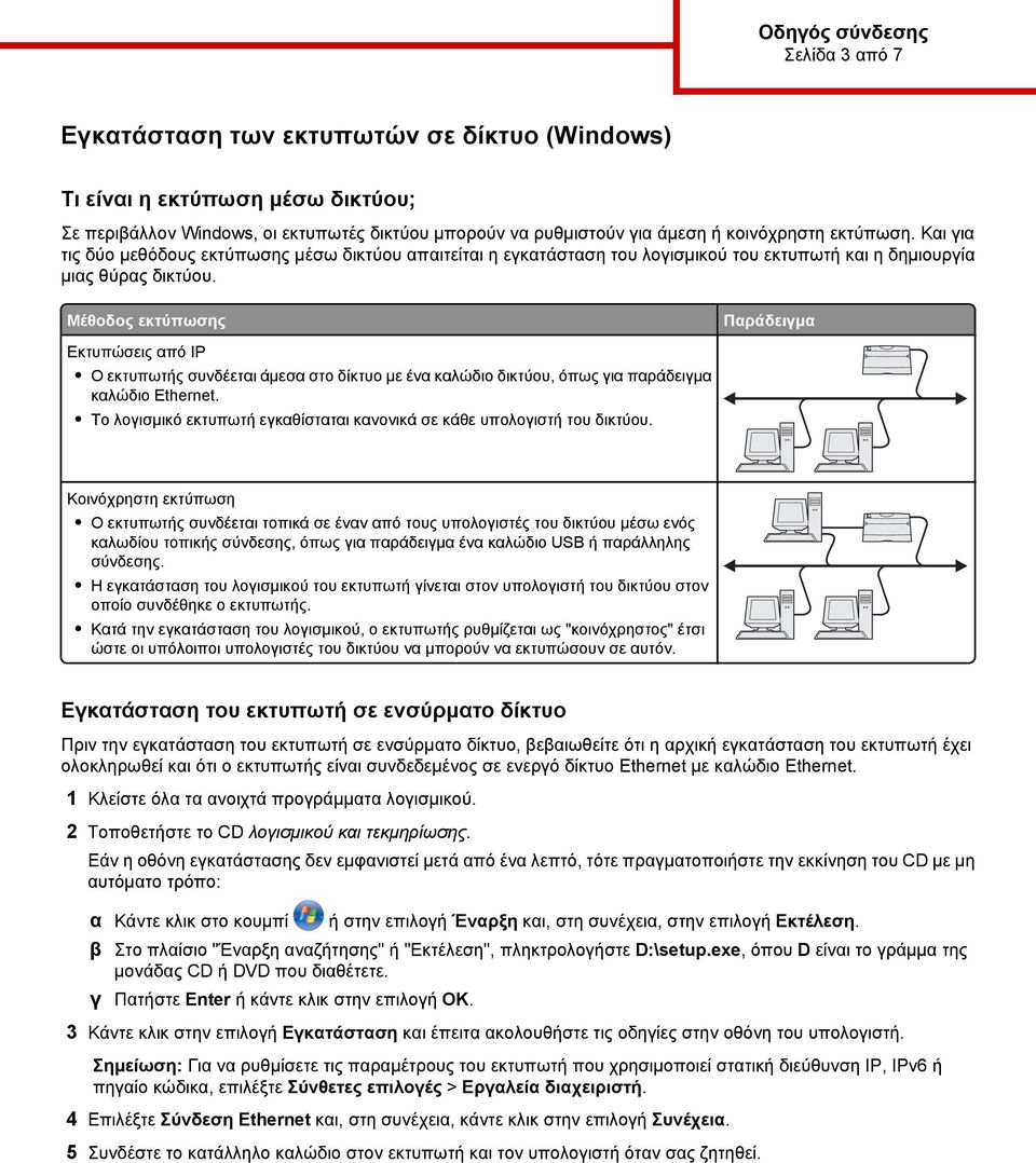 Μέθοδος εκτύπωσης Παράδειγμα Εκτυπώσεις από IP Ο εκτυπωτής συνδέεται άμεσα στο δίκτυο με ένα καλώδιο δικτύου, όπως για παράδειγμα καλώδιο Ethernet.