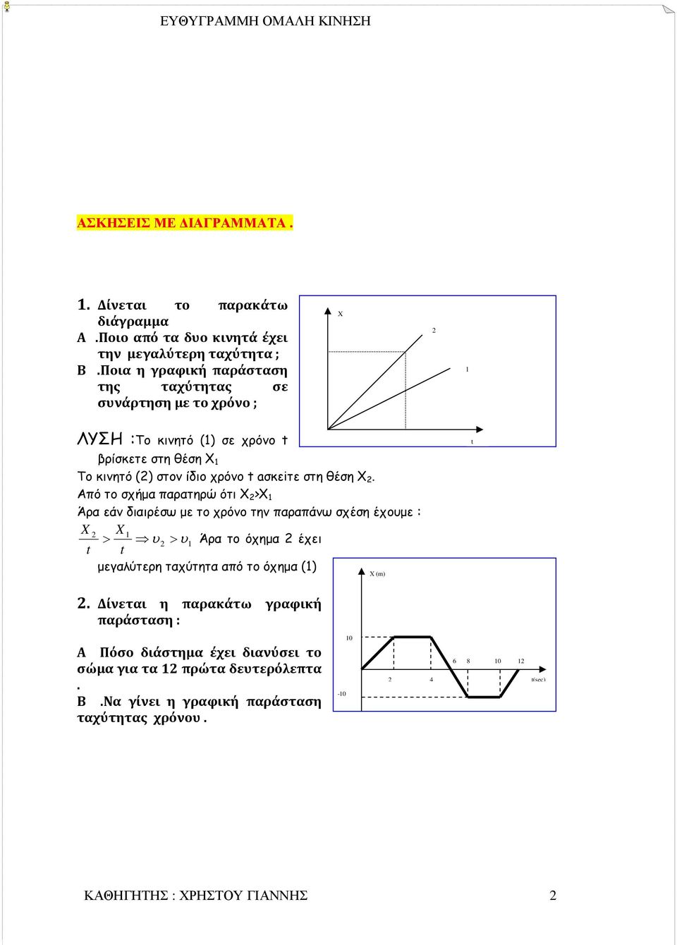 Χ 2. Από το σχήµα παρατηρώ ότι Χ 2 >Χ 1 Άρα εάν διαιρέσω µε το χρόνο την παραπάνω σχέση έχουµε : X 2 X 1 > υ 2 > υ1 Άρα το όχηµα 2 έχει µεγαλύτερη ταχύτητα από το όχηµα