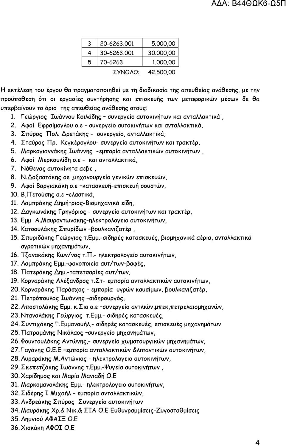 απευθείας ανάθεσης στους: 1. Γεώργιος Ιωάννου Κοιλάδης συνεργείο αυτοκινήτων και ανταλλακτικά, 2. Αφοί Εφραίµογλου ο.ε - συνεργείο αυτοκινήτων και ανταλλακτικά, 3. Σπύρος Πολ.