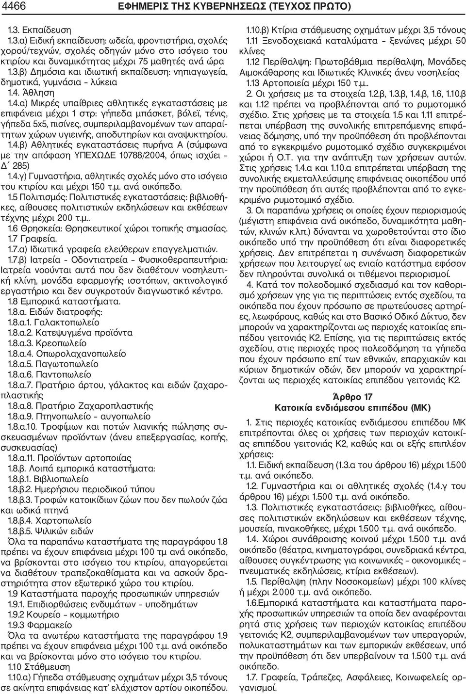 4. Άθληση 1.4.α) Μικρές υπαίθριες αθλητικές εγκαταστάσεις με επιφάνεια μέχρι 1 στρ: γήπεδα μπάσκετ, βόλεϊ, τένις, γήπεδα 5x5, πισίνες, συμπεριλαμβανομένων των απαραί τητων χώρων υγιεινής, αποδυτηρίων