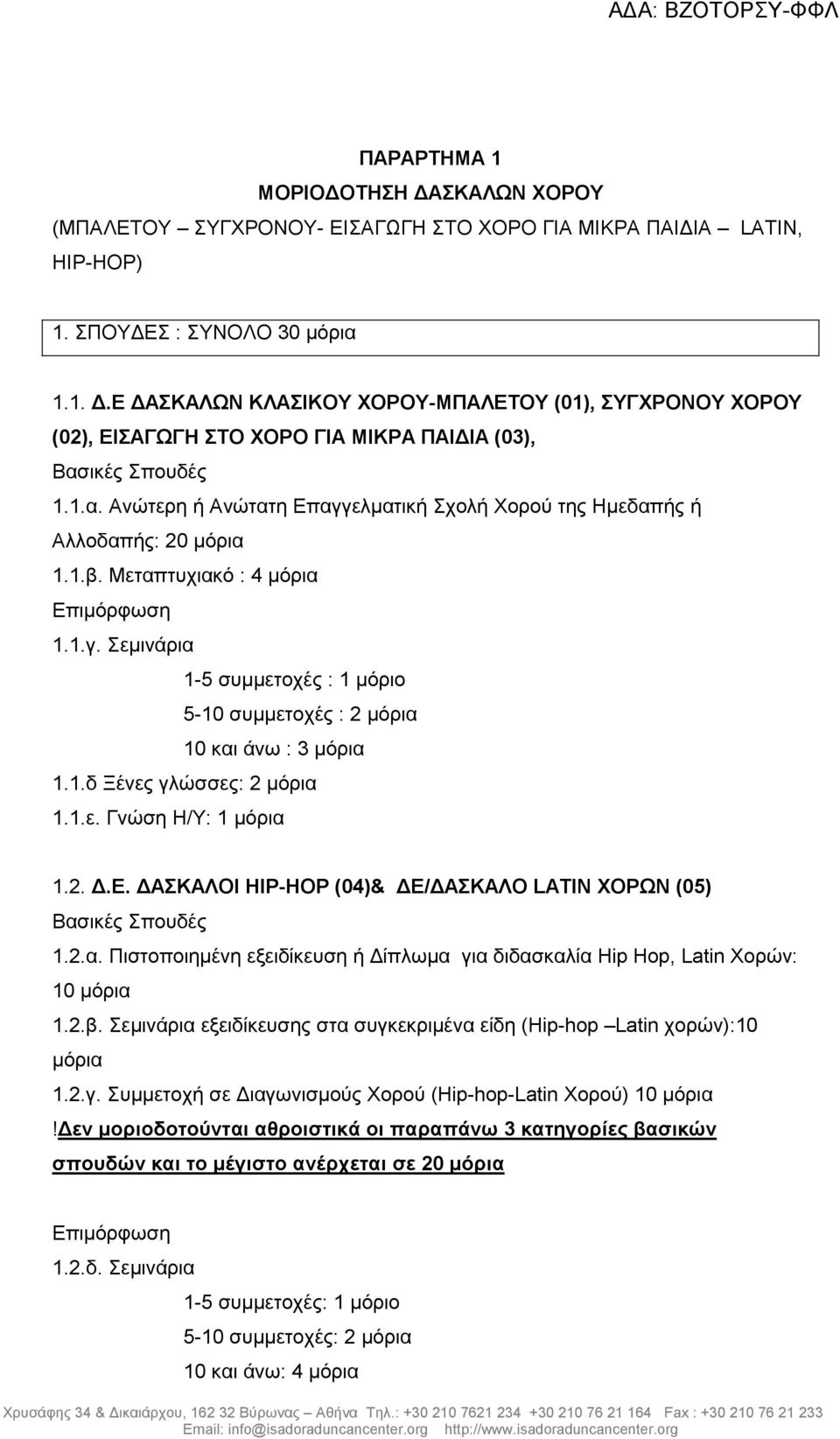 1.δ Ξένες γλώσσες: 2 µόρια 1.1.ε. Γνώση Η/Υ: 1 µόρια 1.2..Ε. ΑΣΚΑΛΟΙ HIP-HOP (04)& Ε/ ΑΣΚΑΛΟ LATIN ΧΟΡΩΝ (05) Βασικές Σπουδές 1.2.α. Πιστοποιηµένη εξειδίκευση ή ίπλωµα για διδασκαλία Hip Hop, Latin Χορών: 10 µόρια 1.