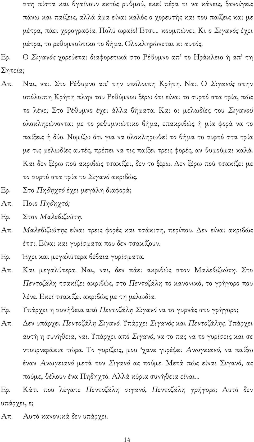 ναι. Στο Ρέθυµνο απ την υπόλοιπη Κρήτη. Ναι. Ο Σιγανός στην υπόλοιπη Κρήτη πλην του Ρεθύµνου ξέρω ότι είναι το συρτό στα τρία, πώς το λένε; Στο Ρέθυµνο έχει άλλα βήµατα.