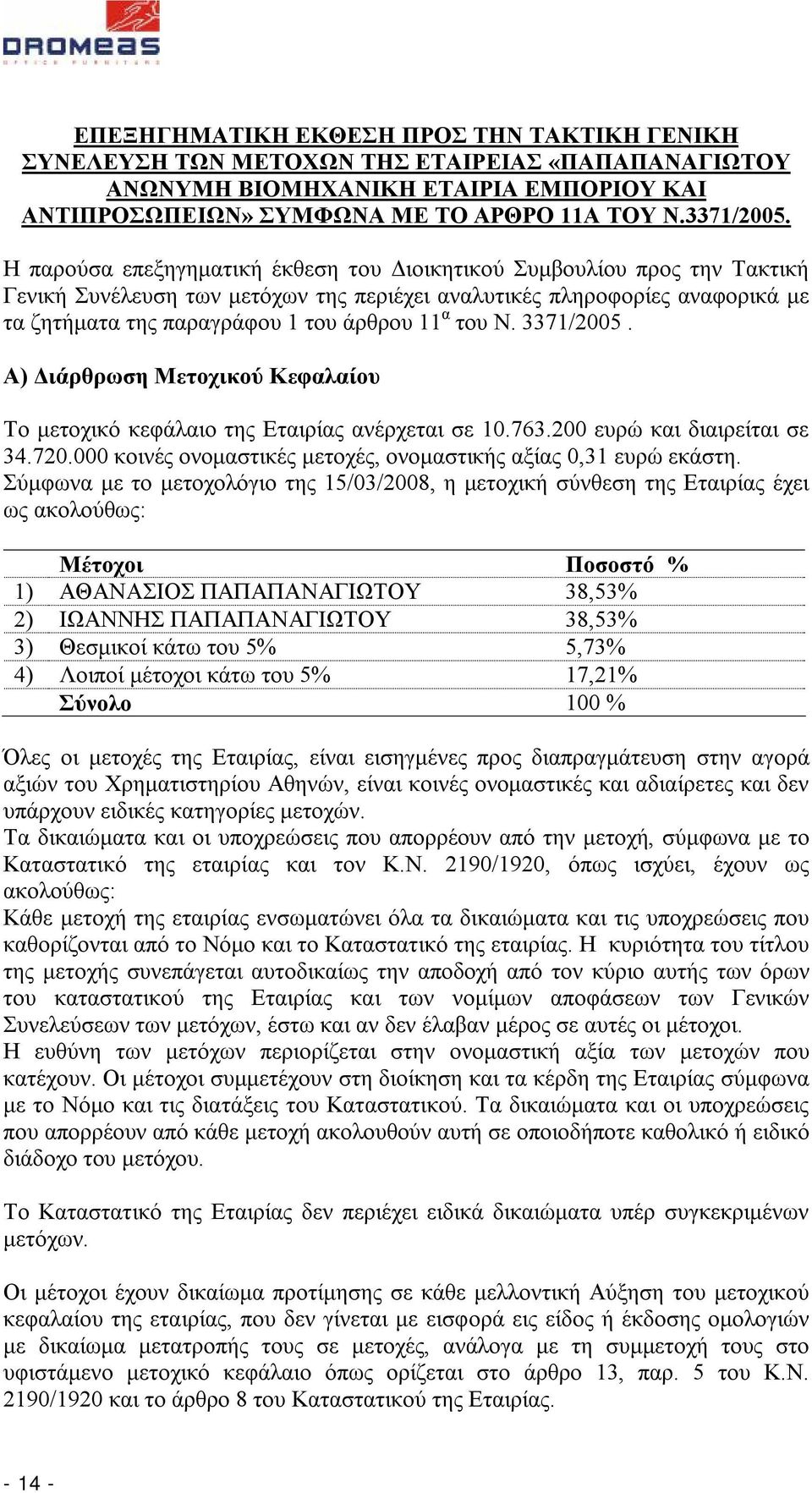 του Ν. 3371/2005. Α) Διάρθρωση Μετοχικού Κεφαλαίου Το μετοχικό κεφάλαιο της Εταιρίας ανέρχεται σε 10.763.200 ευρώ και διαιρείται σε 34.720.