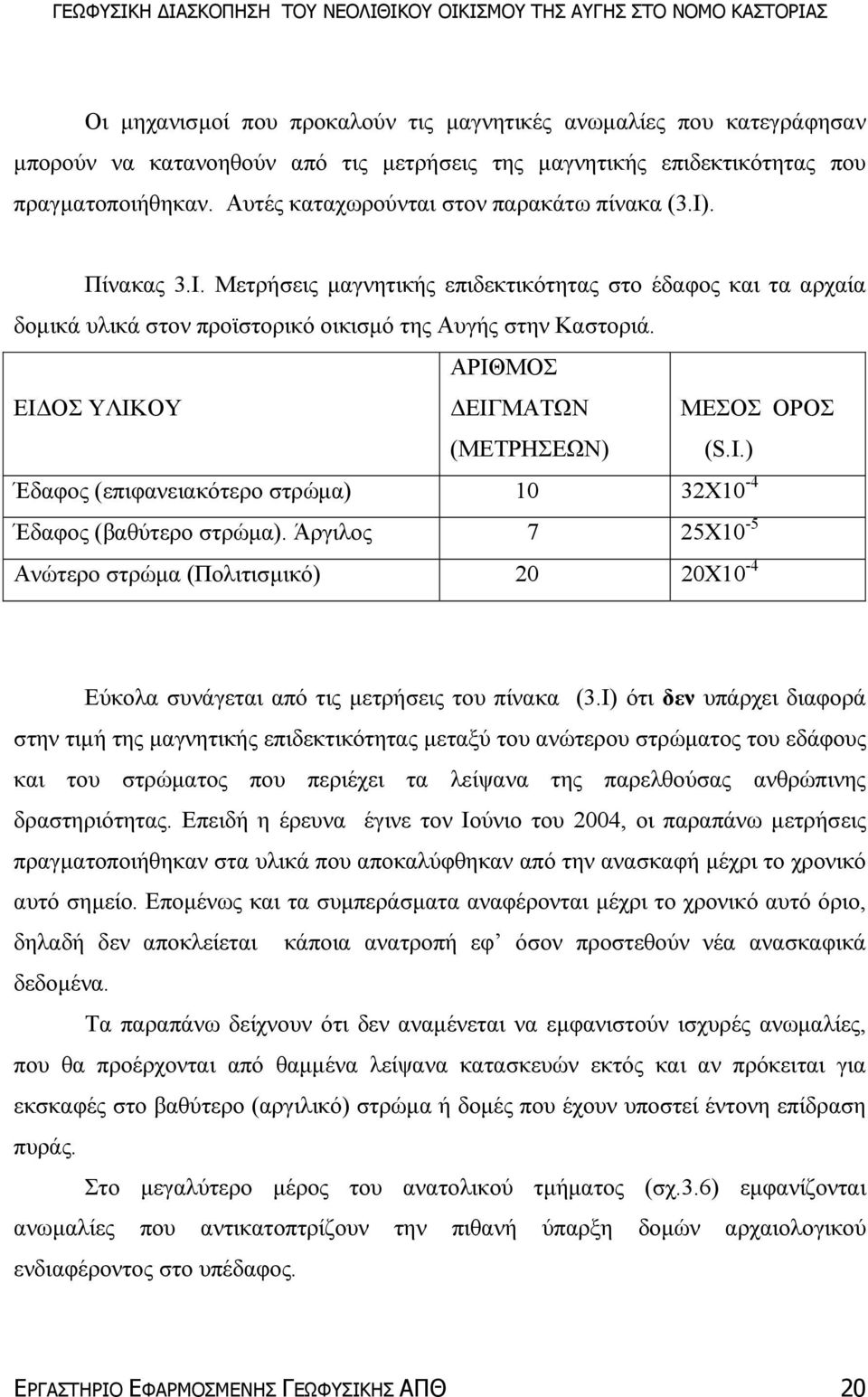 ΑΡΙΘΜΟΣ ΕΙ ΟΣ ΥΛΙΚΟΥ ΕΙΓΜΑΤΩΝ (ΜΕΤΡΗΣΕΩΝ) ΜΕΣΟΣ ΟΡΟΣ (S.I.) Έδαφος (επιφανειακότερο στρώµα) 10 32Χ10-4 Έδαφος (βαθύτερο στρώµα).