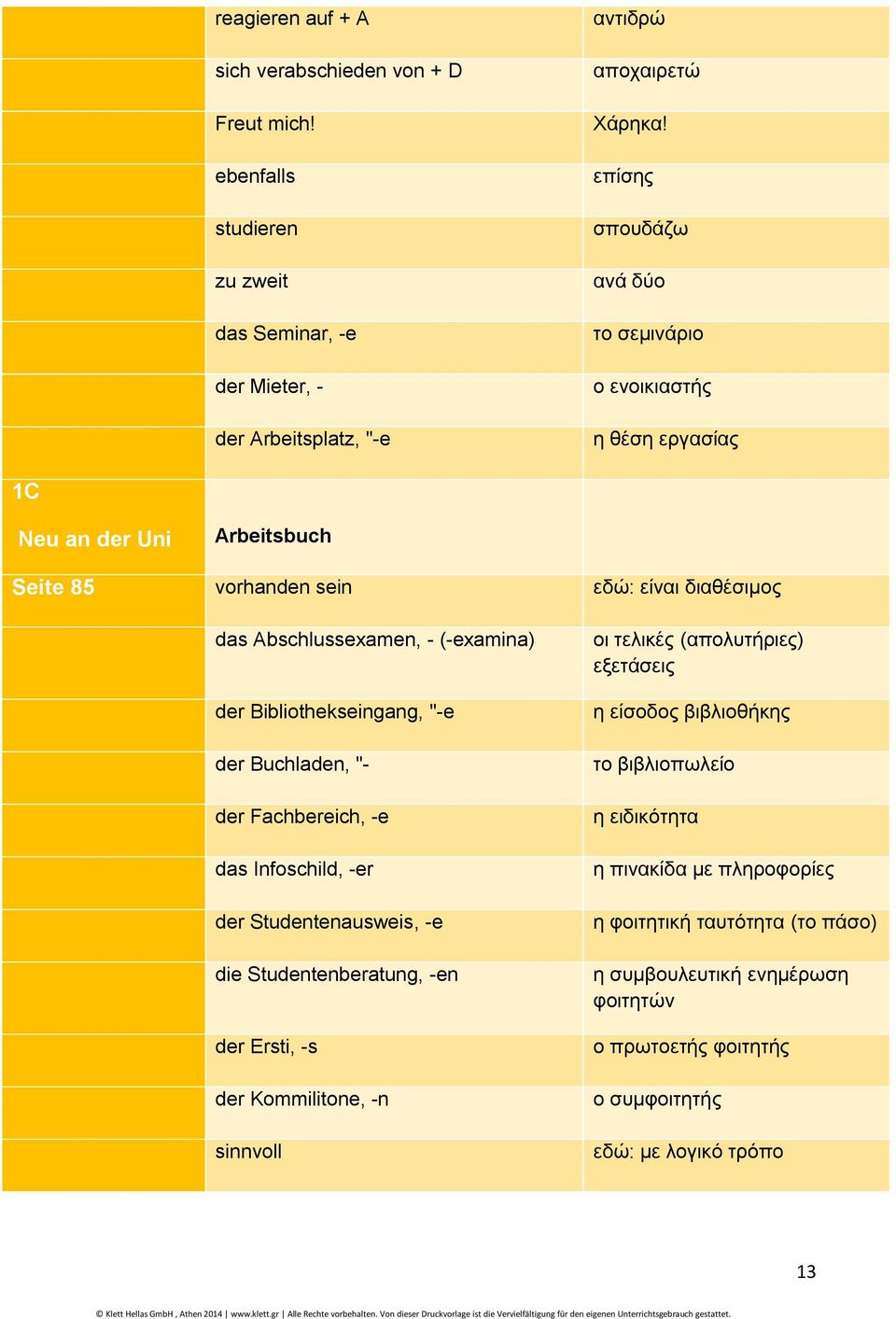 Bibliothekseingang, "-e der Buchladen, "- der Fachbereich, -e das Infoschild, -er der Studentenausweis, -e die Studentenberatung, -en der Ersti, -s der Kommilitone, -n sinnvoll οι τελικές