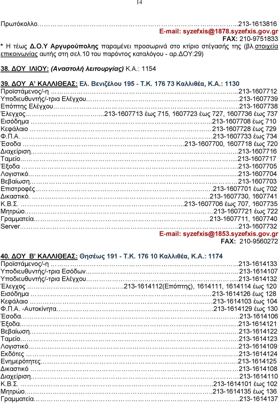 ..213-1607712 Υποδιευθυντής/-τρια Ελέγχου...213-1607739 Επόπτης Ελέγχου..213-1607738 Έλεγχος...213-1607713 έως 715, 1607723 έως 727, 1607736 έως 737 Eισόδημα.