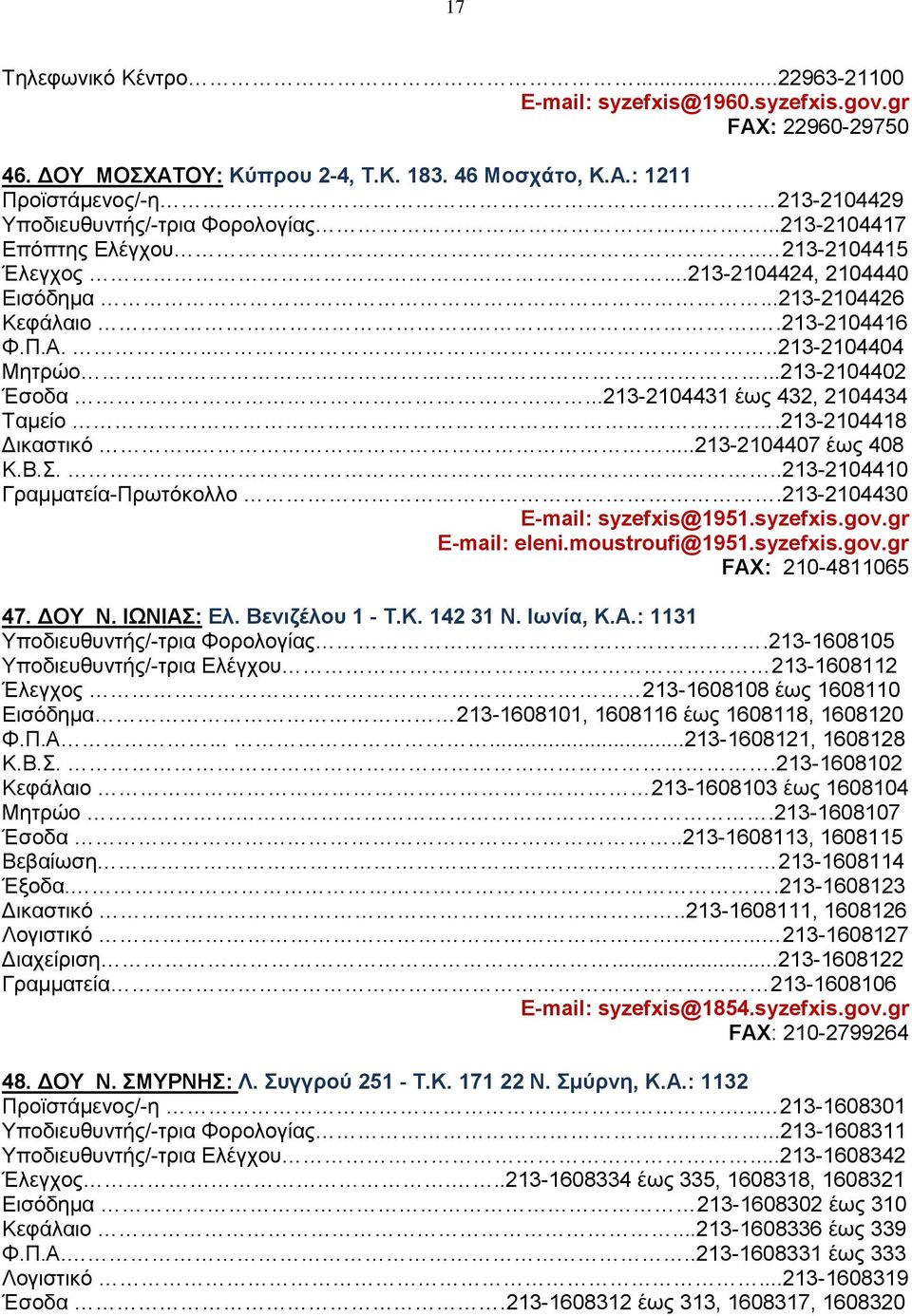 ....213-2104404 Μητρώο...213-2104402 Έσοδα...213-2104431 έως 432, 2104434 Ταμείο.213-2104418 Δικαστικό.....213-2104407 έως 408 K.B.Σ...213-2104410 Γραμματεία-Πρωτόκολλο.