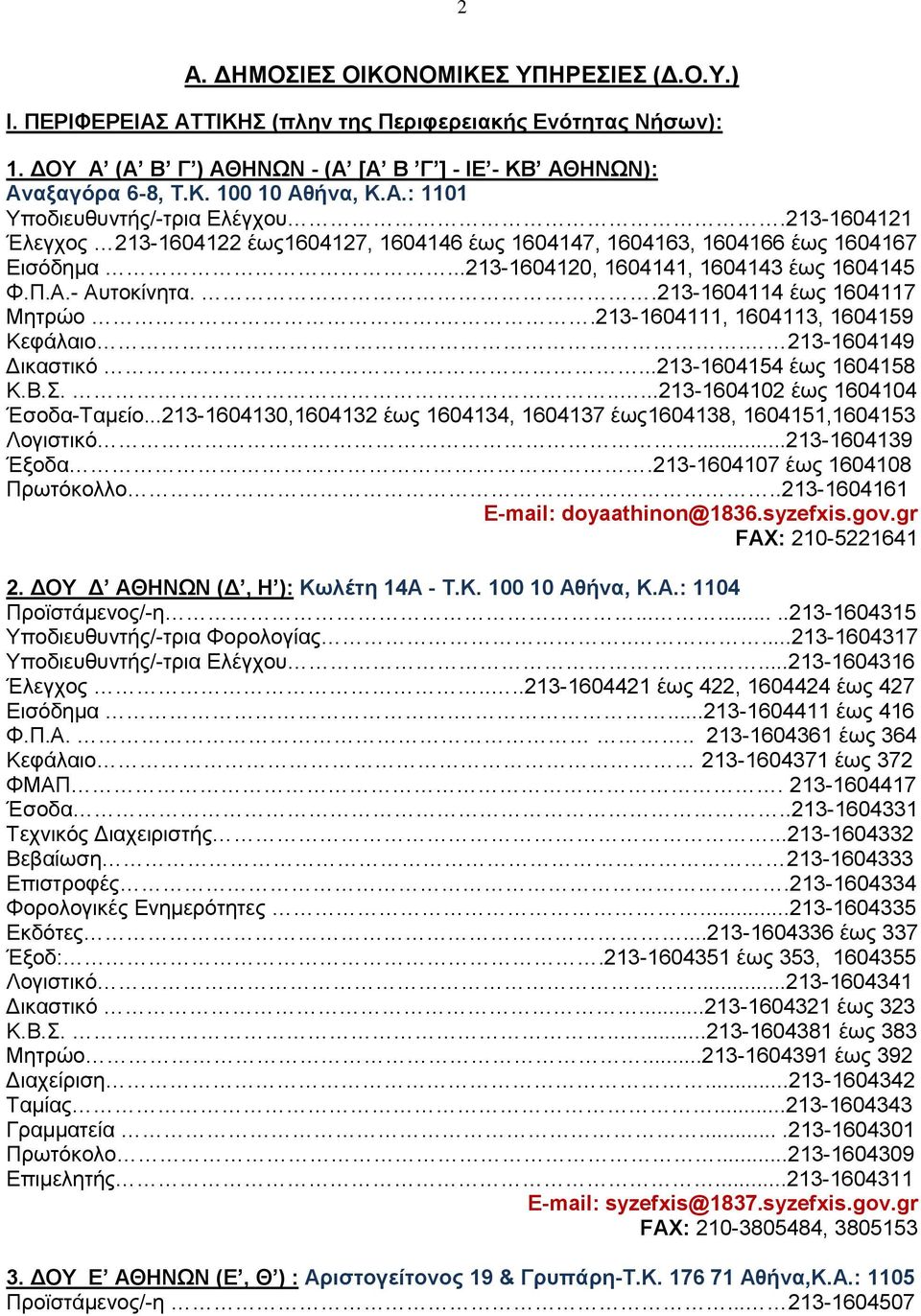 Π.A.- Αυτοκίνητα..213-1604114 έως 1604117 Μητρώο..213-1604111, 1604113, 1604159 Κεφάλαιο. 213-1604149 Δικαστικό...213-1604154 έως 1604158 K.B.Σ......213-1604102 έως 1604104 Έσοδα-Ταμείο.