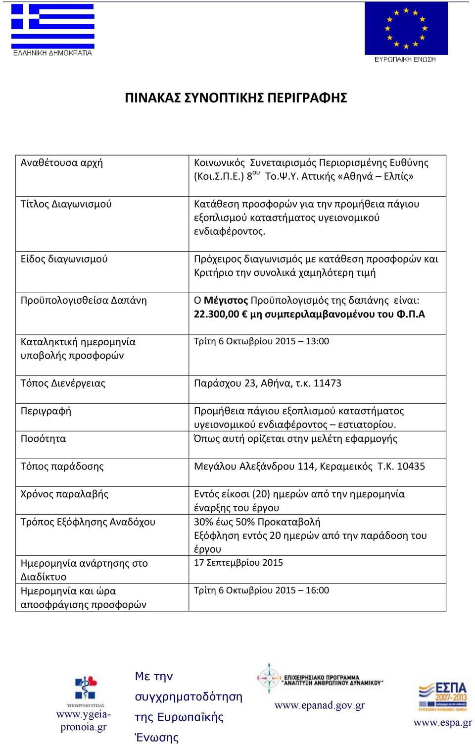 Πρόχειρος διαγωνισμός με κατάθεση προσφορών και Κριτήριο συνολικά χαμηλότερη τιμή Ο Μέγιστος Προϋπολογ ισμός της δαπάνης είναι: 22.300,00 μη συμπεριλαμβανομένου του Φ.Π.Α Τρίτη 6 Οκτωβρίου 205 3:00 Παράσχου 23, Αθήνα, τ.