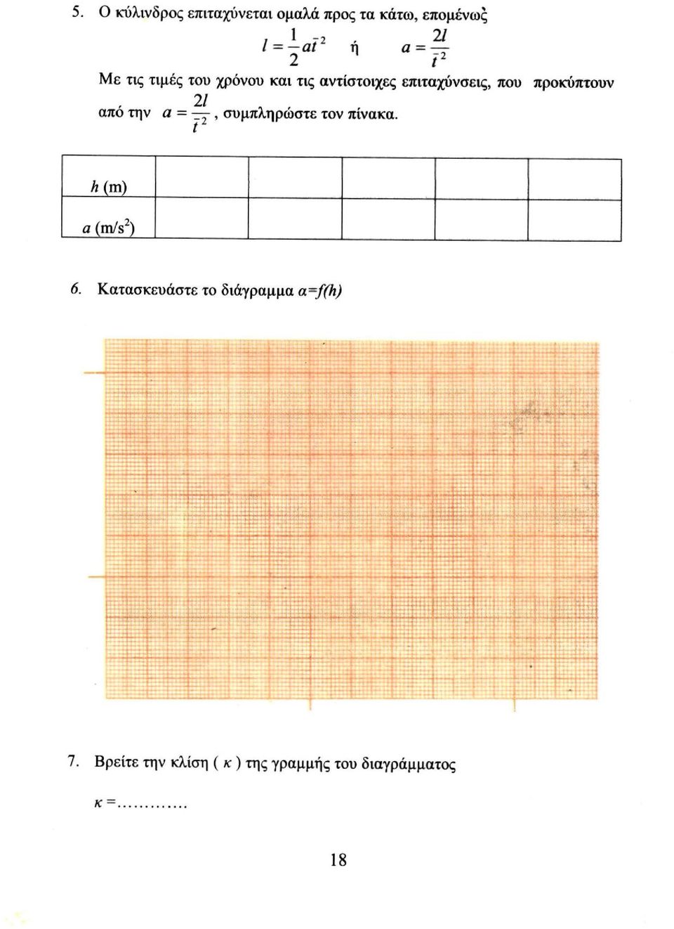 πίνακα. h (m) a (m/s 2 ) 6. Κατασκευάστε το διάγραμμα a=f(h) t 3. :.Λ.; :i.u.