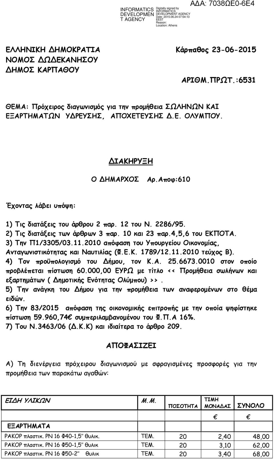 2010 απόφαση του Υπουργείου Οικονομίας, Ανταγωνιστικότητας και Ναυτιλίας (Φ.Ε.Κ. 1789/12.11.2010 τεύχος B). 4) Τον προϋπολογισμό του Δήμου, τον Κ.Α. 25.6673.0010 στον οποίο προβλέπεται πίστωση 60.