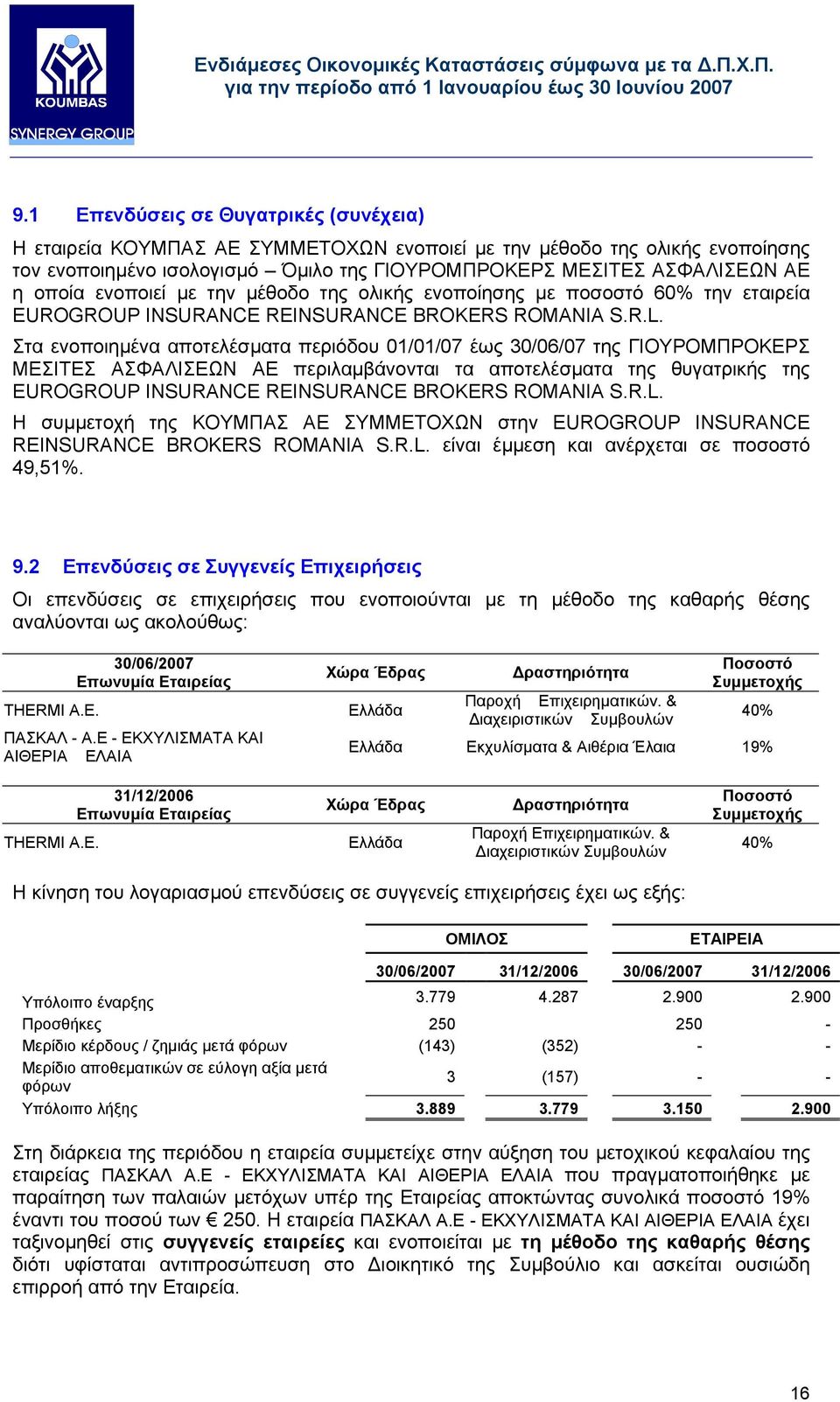 Στα ενοποιηµένα αποτελέσµατα περιόδου 01/01/07 έως 30/06/07 της ΓΙΟΥΡΟΜΠΡΟΚΕΡΣ ΜΕΣΙΤΕΣ ΑΣΦΑΛΙΣΕΩΝ ΑΕ περιλαµβάνονται τα αποτελέσµατα της θυγατρικής της EUROGROUP INSURANCE REINSURANCE BROKERS ROMANIA