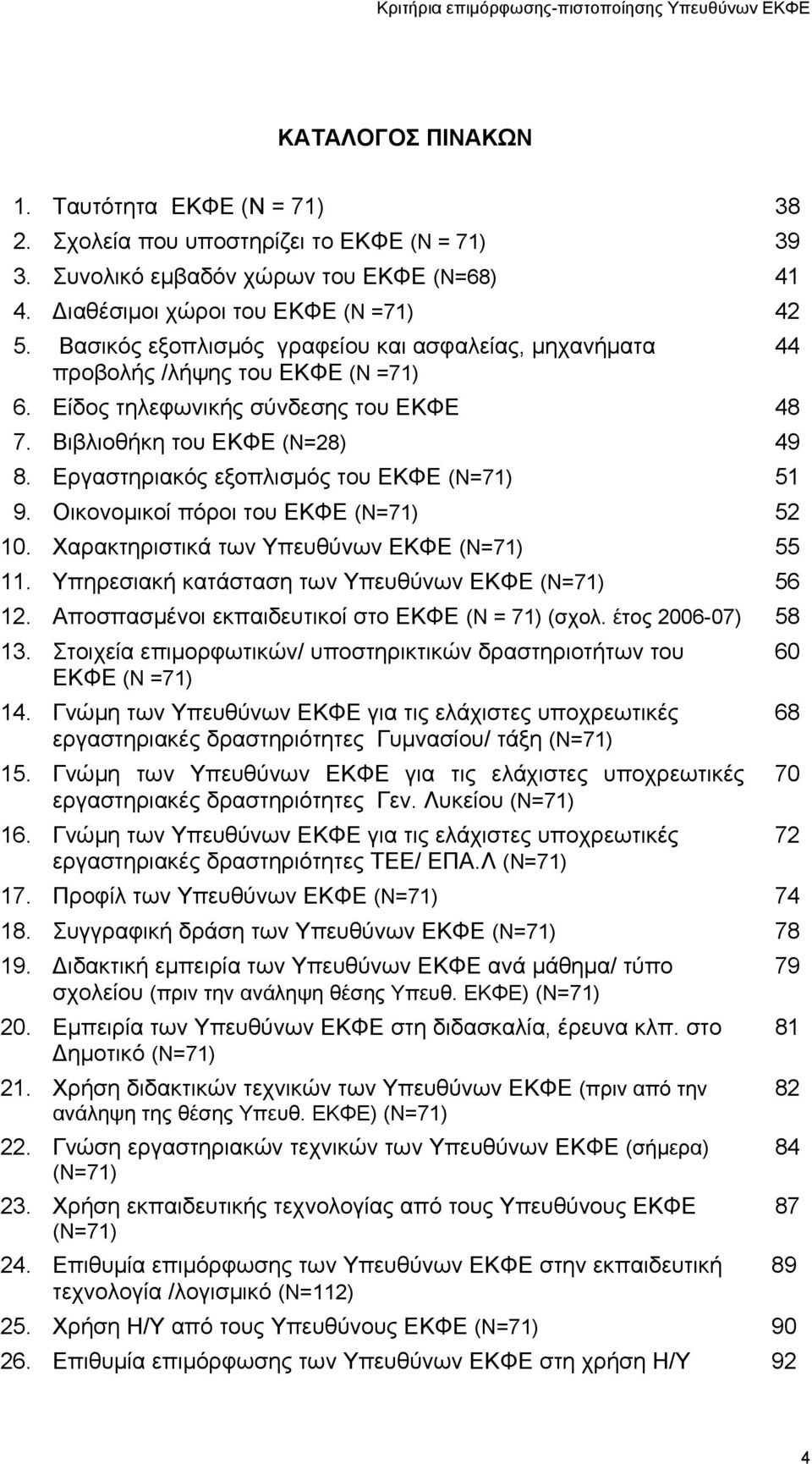 Εργαστηριακός εξοπλισμός του ΕΚΦΕ (Ν=71) 51 9. Οικονομικοί πόροι του ΕΚΦΕ (Ν=71) 52 10. Χαρακτηριστικά των Υπευθύνων ΕΚΦΕ (Ν=71) 55 11. Υπηρεσιακή κατάσταση των Υπευθύνων ΕΚΦΕ (Ν=71) 56 12.