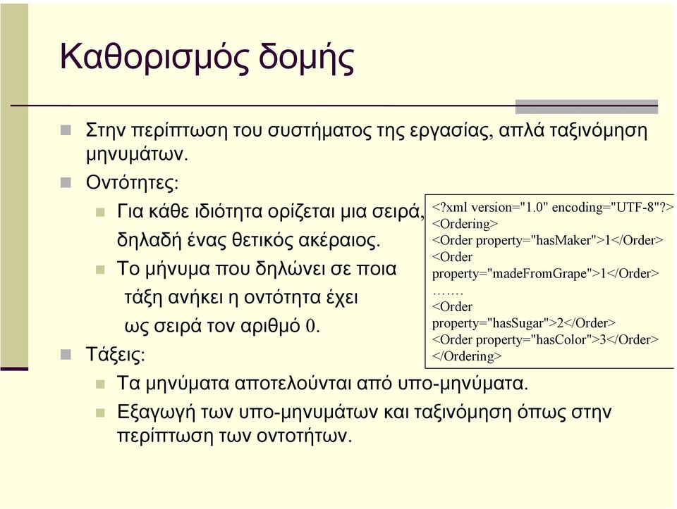 Το μήνυμα που δηλώνει σε ποια τάξη ανήκει η οντότητα έχει ως σειρά τον αριθμό 0. Τάξεις: Τα μηνύματα αποτελούνται από υπο-μηνύματα. <?