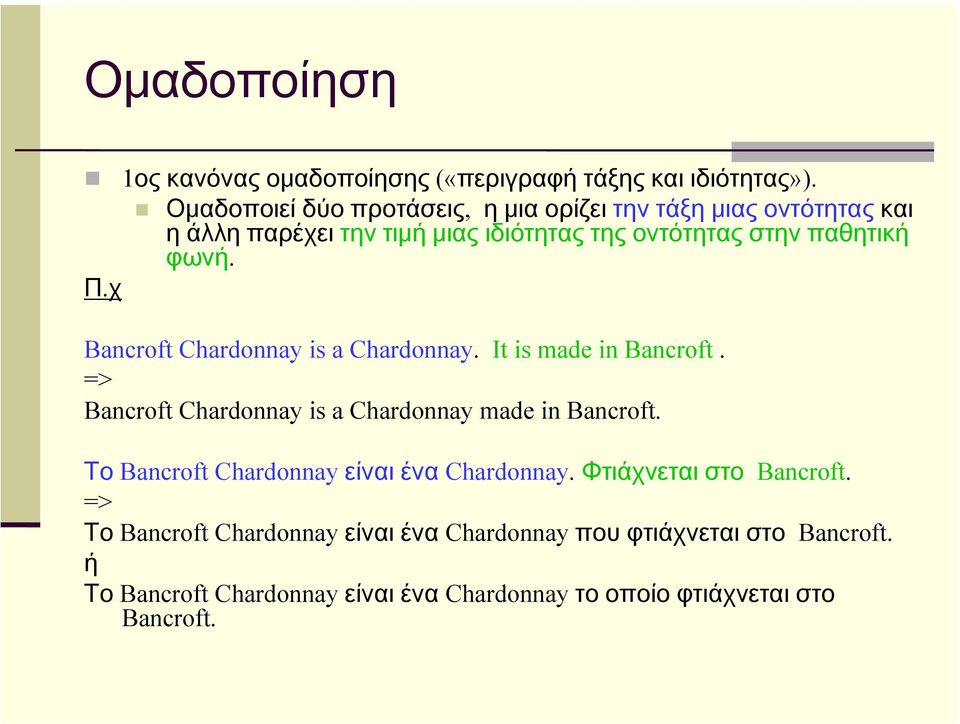 Π.χ Bancroft Chardonnay is a Chardonnay. It is made in Bancroft. => Bancroft Chardonnay is a Chardonnay made in Bancroft.