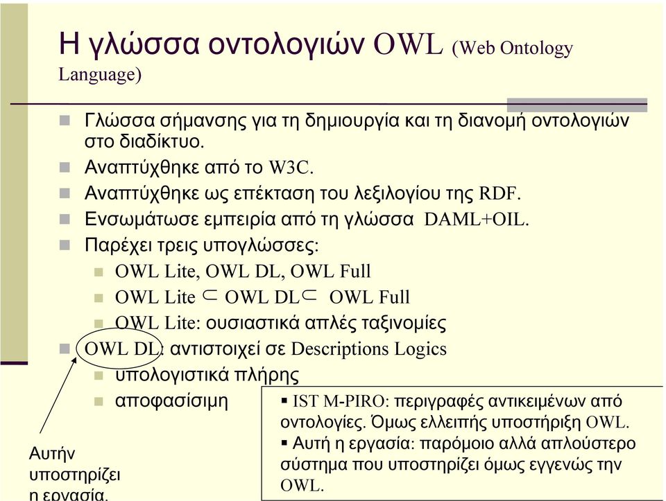 Παρέχει τρεις υπογλώσσες: OWL Lite, OWL DL, OWL Full OWL Lite OWL DL OWL Full OWL Lite: ουσιαστικά απλές ταξινομίες OWL DL: αντιστοιχεί σε Descriptions