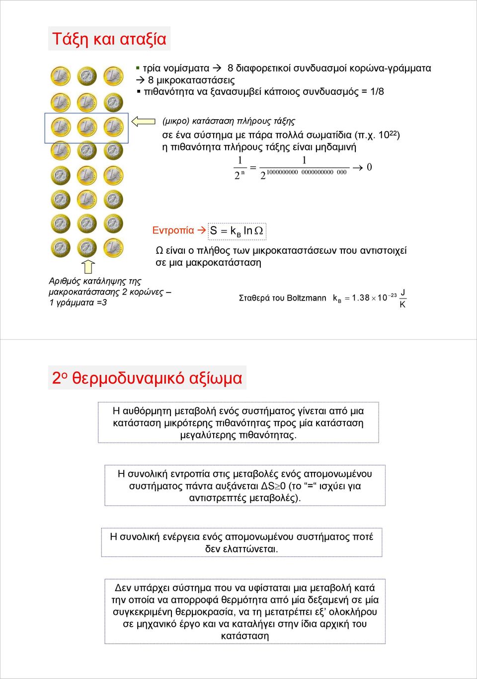 0 ) η πιθανότητα πλήρους τάξης είναι μηδαμινή = 0 n 000000000 0000000000 000 Εντροπία S = k lnω B Ω είναι ο πλήθος των μικροκαταστάσεων που αντιστοιχεί σε μια μακροκατάσταση Αριθμός κατάληψης της